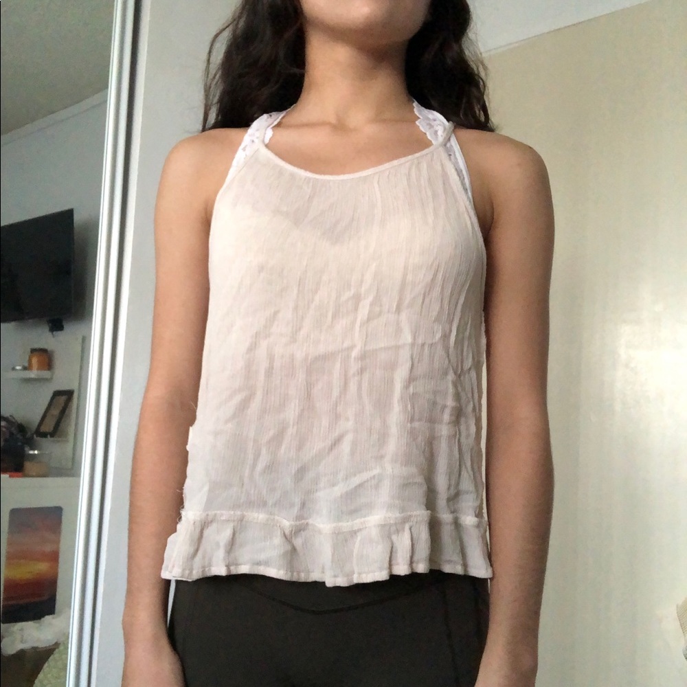 Oatmeal colored top with open lace back